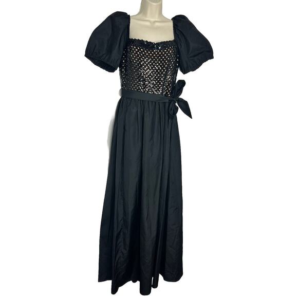 VTG DOROTHY BULLITT Ardmore Chestnut Hill Black Sequin Puff Sleeve Maxi Dress 12 - Picture 2 of 7